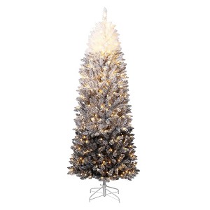 6ft/7.5 Prelit Artificial Christmas Tree with RGB & Warm White Lights, Pre-Lit Snow Flocked Pencil Christmas Tree - 1 of 4