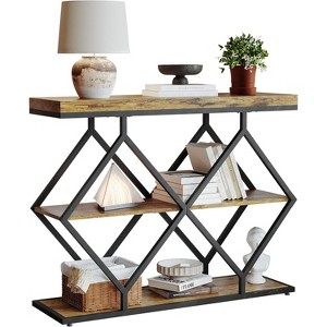 Industrial 3-Tier Accent Console Table with Storage and Open Shelves, Diamond-Shaped Metal Frame - 1 of 4