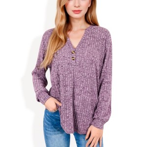 Anna-Kaci Women's V-Neck Ribbed Knit Long Sleeve Top with Button Detail - 1 of 4