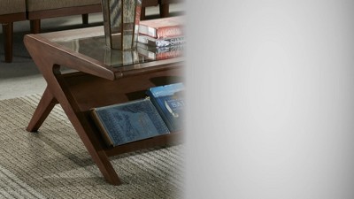 Retro Walnut Rubberwood Coffee Table with Glass Top