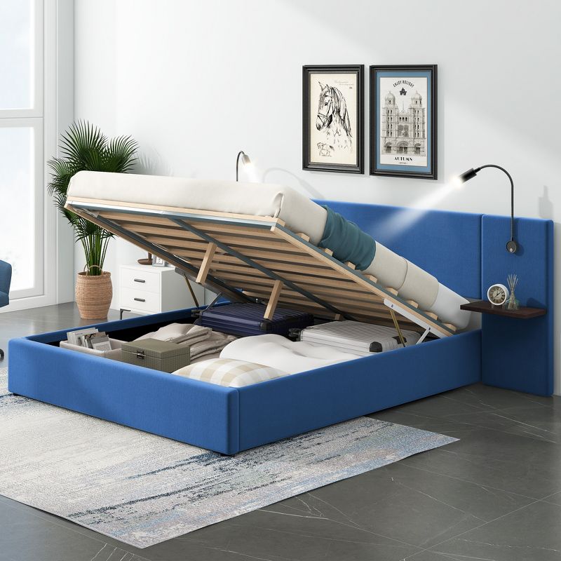 Queen/Full Size Upholstered Platform Bed,  Storage Hydraulic Bed with 2 Shelves, 2 Lights and USB Ports-ModernLuxe, 2 of 14