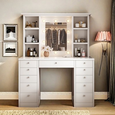 YONWAY Large Vanity Desk with Mirror, 11 Drawers, 6 Open Shelves, Lots Storage Vanity Desk, for Home Apt