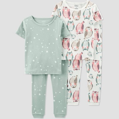 Image of Carter's Just One You® Toddler Girls' Owls and Stars Short Sleeve Pajama Set - Green/Pink 12M