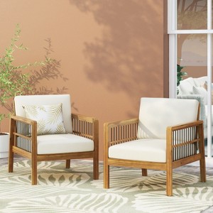 Christopher Knight Home Elias Outdoor Acacia Wood and Iron Club Chair with Cushions - 1 of 4