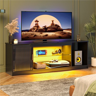 Bestier 57" Modern Media Console with Adjustable shelf, LED Fluted TV Stand for 65 Inch TV, Glossy TV Console with Cabinet