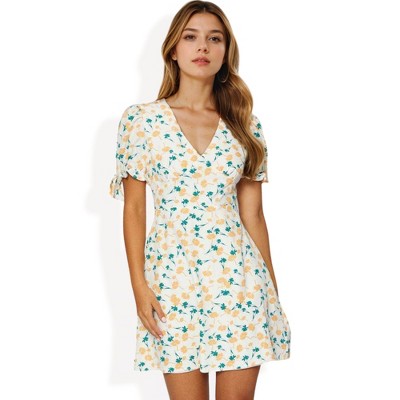 Anna-Kaci Women's Floral Wrap Dress with Puff Sleeve Tie Detail