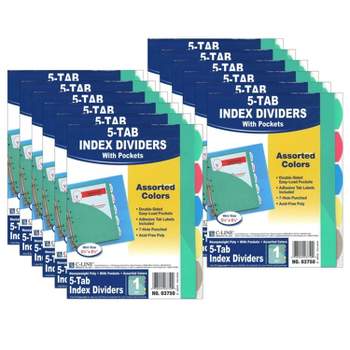 C-Line® Mini Size 5-Tab Poly Index Dividers, Assorted Colors with Slant Pockets, 12 Sets