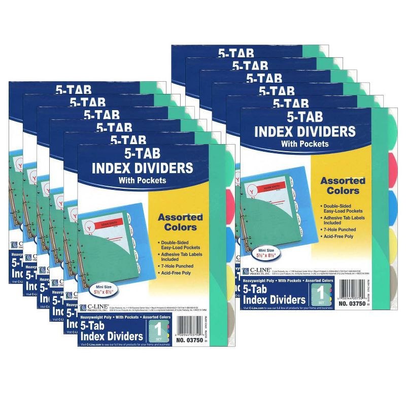 C-Line® Mini Size 5-Tab Poly Index Dividers, Assorted Colors with Slant Pockets, 12 Sets, 1 of 5