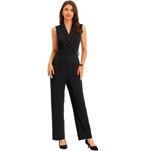 INSPIRE CHIC Women's Casual Sleeveless Shawl Collar Office Belted Cropped Jumpsuit - 1 of 4