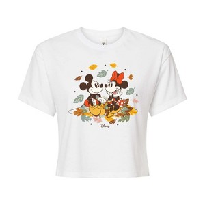 Women's - Disney - Mickey Minnie Leaf Pile Cropped Graphic T-Shirt - 1 of 4