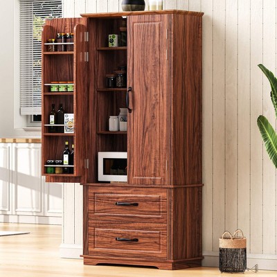 ORRD 1" Farmhouse Pantry Cabinet, Freestanding Cupboard with 2 Drawers, 8 Door Shelves & 3 Shelves for Kitchen, Dining, Living Room, Laundry, Brown