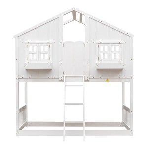 VYNXARIA Twin Sized White House - Style Bunk Bed Complete with Roof Window, Frame, Door, Safety Rail and Ladder - 1 of 4