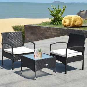 Costway 3 PCS Furniture Set Table & 2 Chair Patio Wicker Rattan W/Cushion - 1 of 4