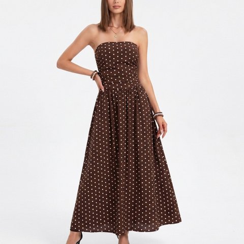 Женские платья Anna-Kaci Women's Polka Dot Strapless Maxi Dress with Ruched Bodice and Full Skirt - Small, Coffee