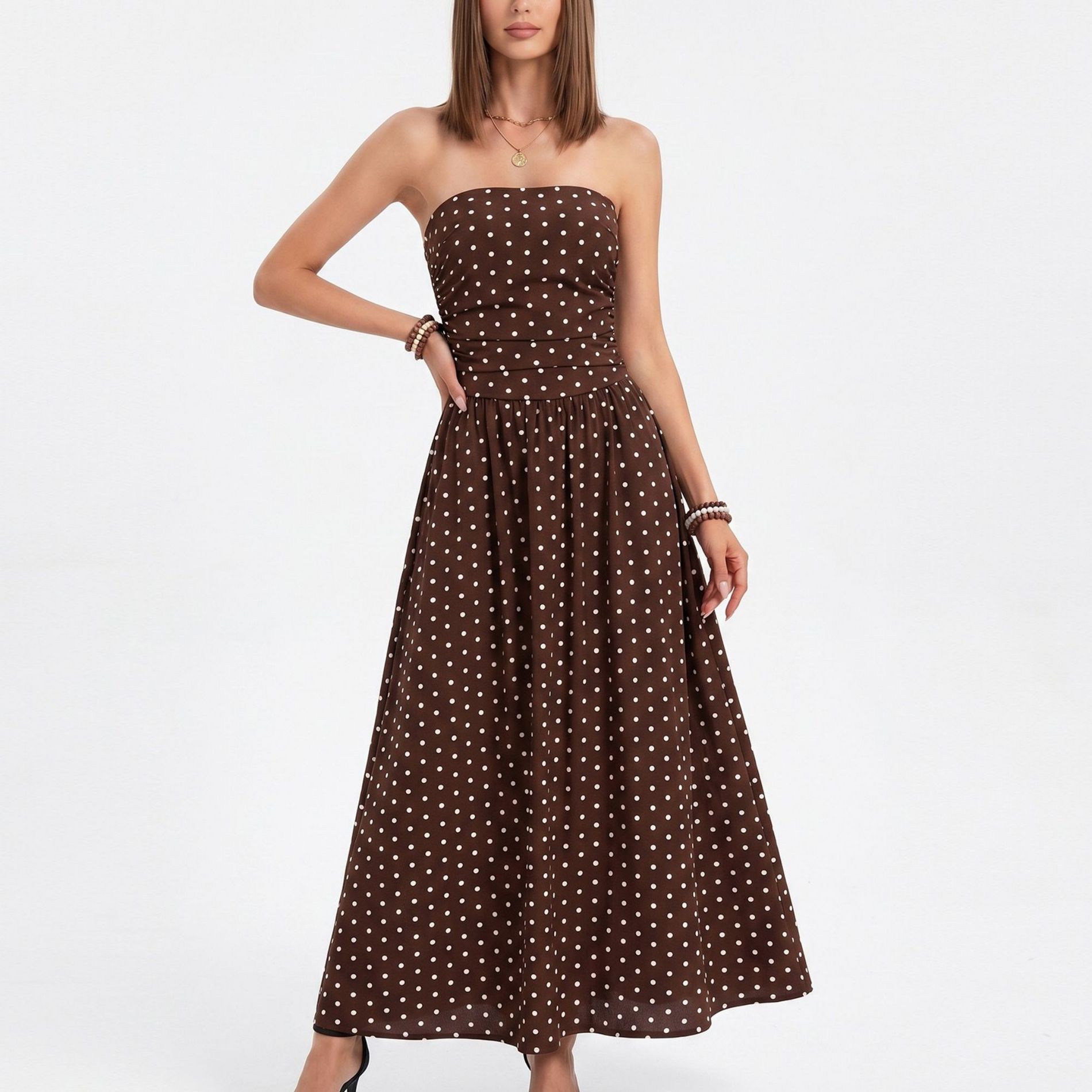 Anna-Kaci Women's Polka Dot Strapless Maxi Dress with Ruched Bodice and Full Skirt