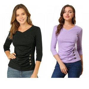 INSPIRE CHIC Women's V Neck 3/4 Sleeves Solid Knitted Buttons Decor Ruched Blouse 2 Packs - 1 of 4