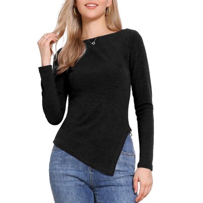 INSPIRE CHIC Women's Long Sleeve Boat Neck Irregular Casual Knit Sweater