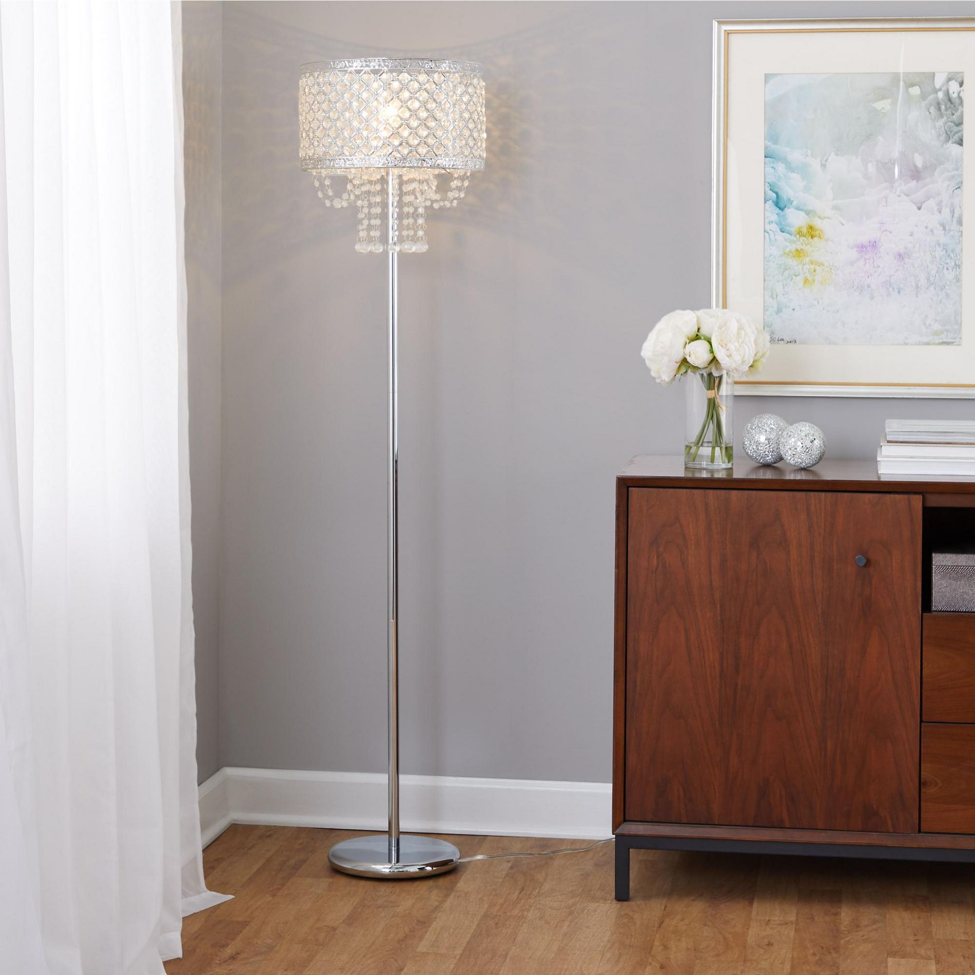 59.25" Contemporary Floor Lamp with Crystal and Metal Shade, Drum Shade, In-Line Foot Switch, Requires 100W Bulb, UL Listed, for Living Room