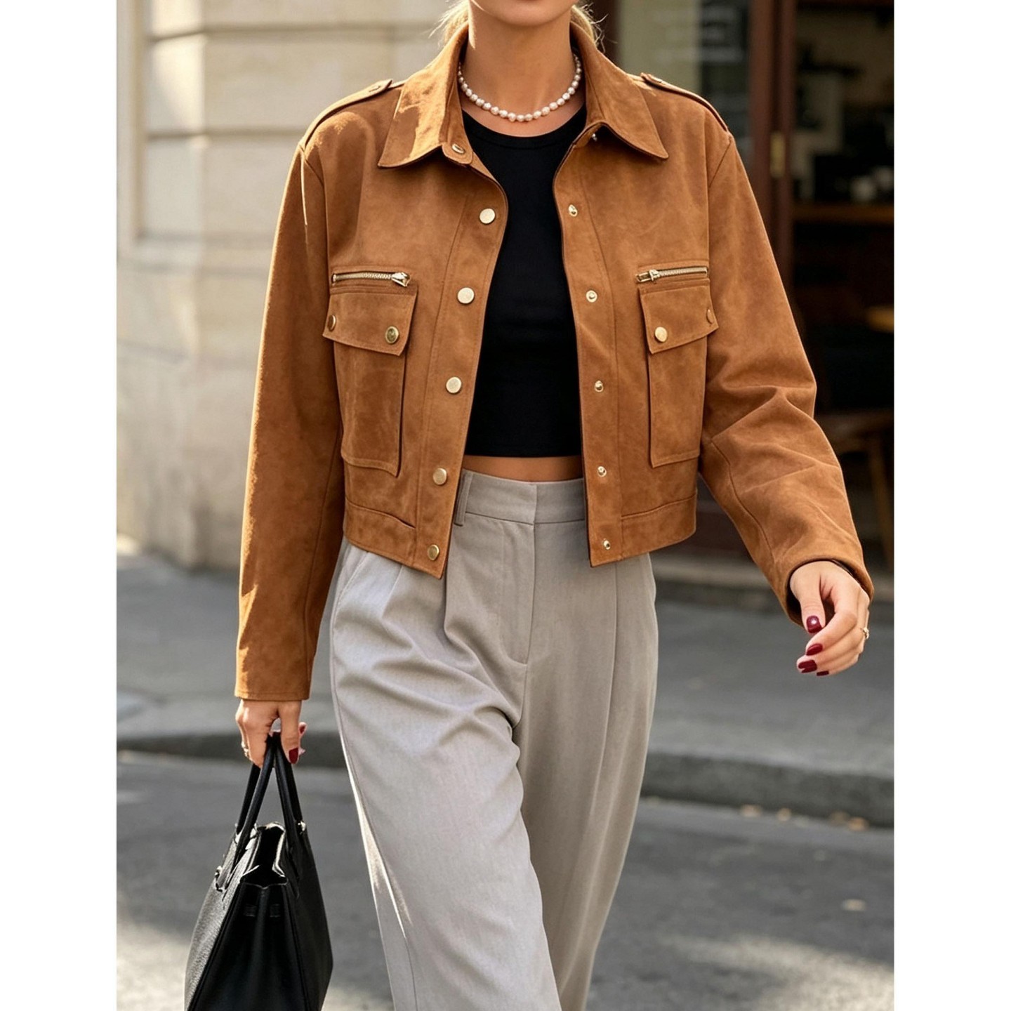 Женская куртка YesFashion Women Suede Jacket Lapel Collar Zip Pocket Button Down Long Sleeve Casual Outerwear, Brown, цвет: Коричневый — фото 2