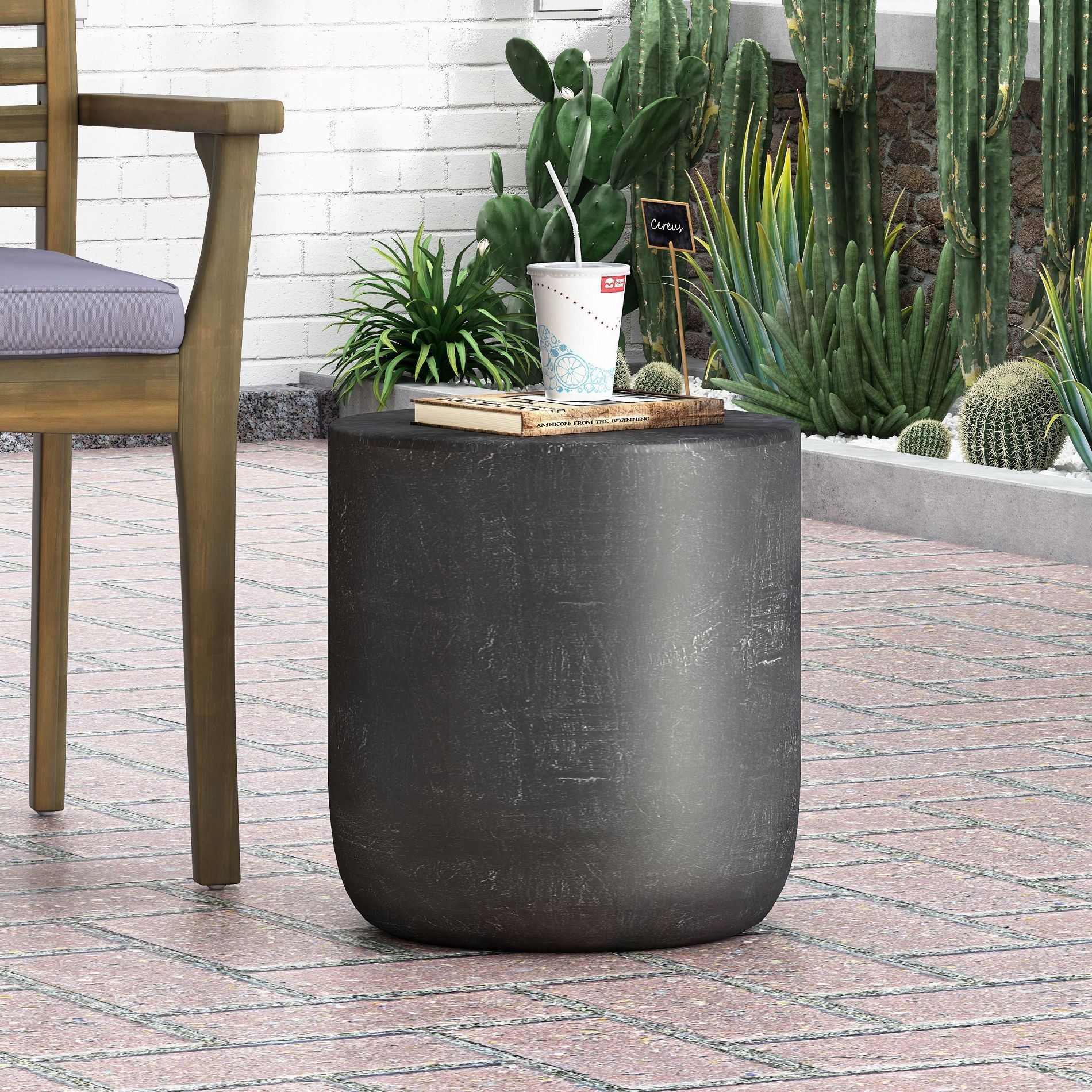 CAVINAS Modern Lightweight Concrete Patio Table,15.5" Outdoor Side Table with Barrel Design,End Table for Poolside,Garden,Patio,Matte Black