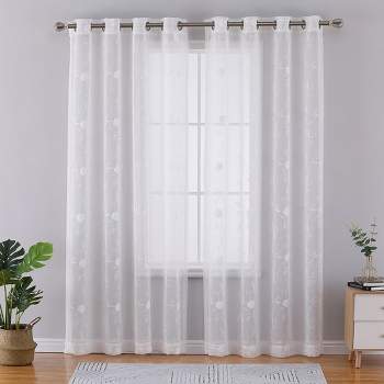 Whizmax Floral Embroidered Semi Sheer Curtains Voile Grommet Farmhouse Window Treatments Set, 2 Panels