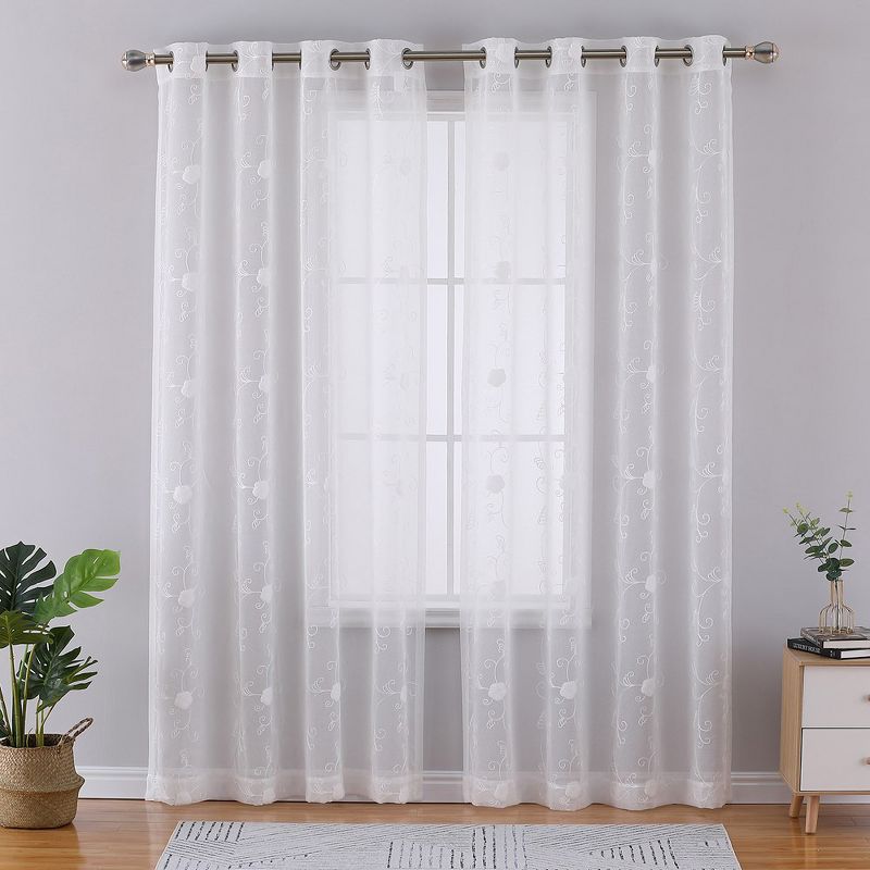 Whizmax Floral Embroidered Semi Sheer Curtains Voile Grommet Farmhouse Window Treatments Set, 2 Panels, 1 of 6