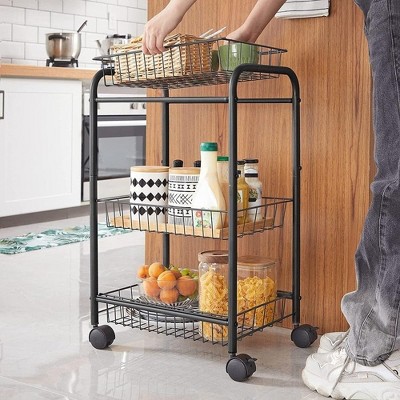 Black 3-Tier Metal Rolling Storage Cart with Removable Baskets