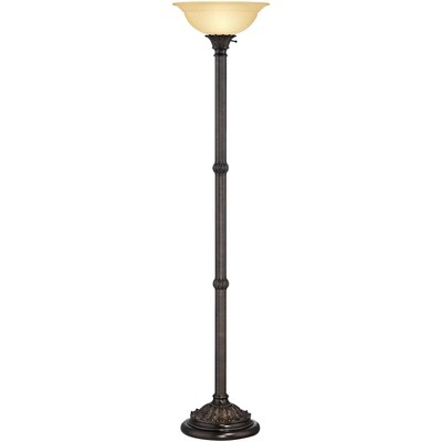 Barnes and Ivy Traditional Torchiere Floor Lamp Bronze Pale Amber Fluted Glass Shade for Living Room Bedroom Office Uplight