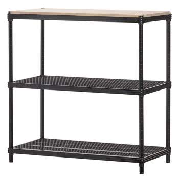 Design Ideas MeshWorks Metal Storage Wood Top Workbench Shelving Unit Rack for Garage and Kitchen Storage, 35.4” x 17.7” x 35.4”, Black