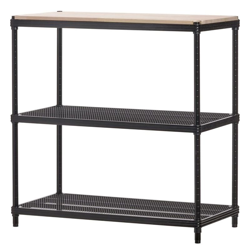 Black Steel Mesh 3-Tier Adjustable Shelving Unit with Wood Top