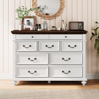 47" Farmhouse Dresser for Bedroom with 9 Drawers, Rustic Wood Chest with Vintage Metal Handles for Bedroom, Large Storage Organizer