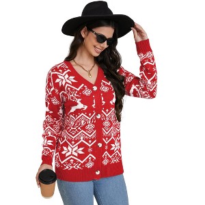 Womens Christmas Cardigan V Neck Button Down Long Sleeve Open Front Cardigan Sweaters Knitwear - 1 of 4