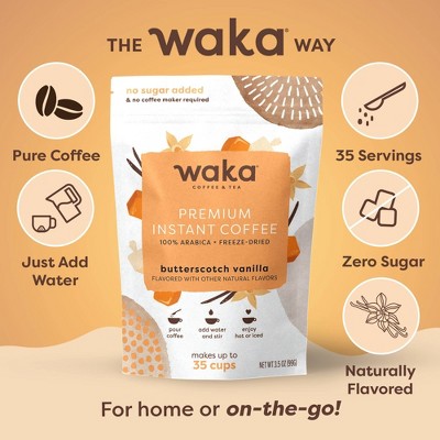 Waka Coffee & Tea Unsweetened Butterscotch Vanilla Flavored Medium Roast Freeze-Dried Arabica Premium Instant Coffee - 3.5 oz