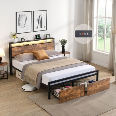 NicBex Full/Queen Bed Frame with Led and Charging Station,Platform Bed Frame with Headboard and 2 Drawers,Strong Metal Slats,Easy Assembly,Black+Brown
