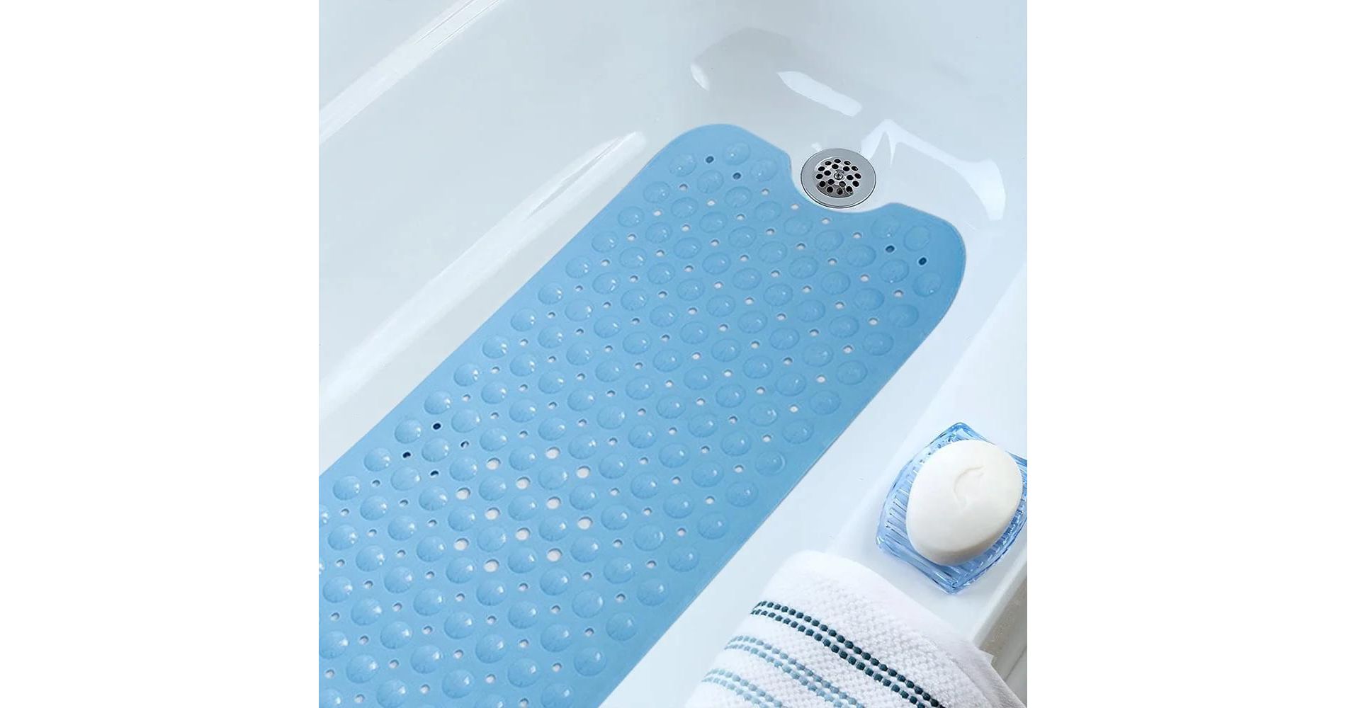 Swtroom 39 x 16 Inch Bath Tub Mat with Drain Holes and Suction Cups Anti Slip Material Blue