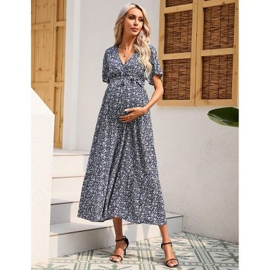 Maternity Maxi Dress Wrap V Neck Baby Shower Pregnancy Nursing Dresses,Navy blue flowers,L