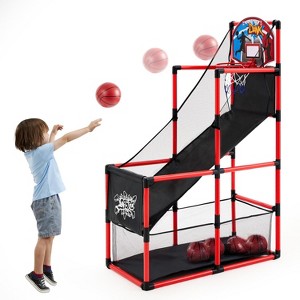 Arcade Style Basketball Set Red Indoor Hoop with 4 Balls Easy Setup Toy for Kids Ages 3-12 - 1 of 4