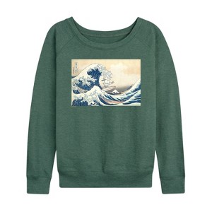 Women's - Peanuts - Snoopy Great Wave Lightweight French Terry Wide Neck Long Sleeve Shirt - 1 of 4