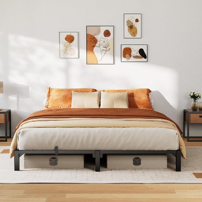 homfan Bed Frame, High Platform Bed Frame, Queen Size with Storage Space, Heavy Duty Steel Slat Support, No Screws Needed, Easy Assembly