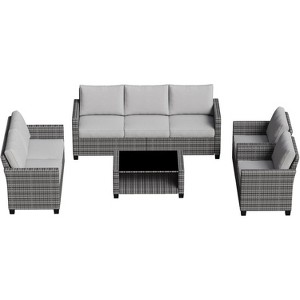 Patio Furniture Sets 6 Pieces, PE Wicker Modern Patio Conversation Set with Storage Cushions - 1 of 4