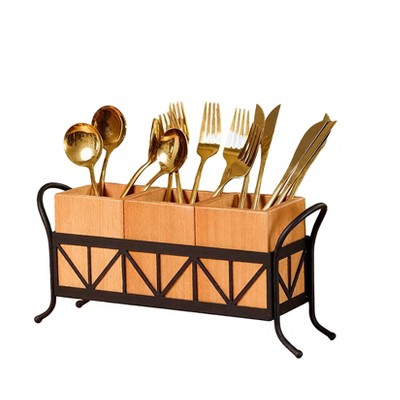 Utensil Holder, Waterproof Wooden Flatware Caddy Silverware Holder with 3 Detachable Compartments & Handles, Fork Spoon Knife Organizer for Party BBQ