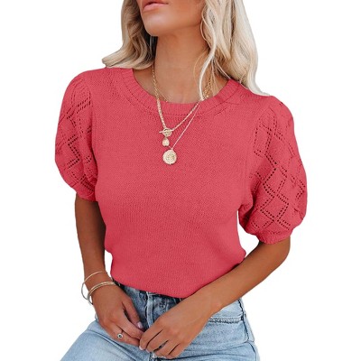 Women's Lightweight Short Sleeve Crewneck Sweaters Knit Pullover Tops with Casual Crochet Sleeve Blouse,watermelon red - L