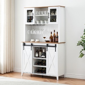 70 Inch Tall Coffee Cabinet,Tall Sideboard Buffet with Sliding Barn Door,Hutch Cabinet with 6 Bottle Wine Rack and 12 Stemware Slots for Kitchen, Oak - 1 of 4