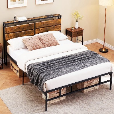 Homhougo Rustic Industrial Full Size Bed Frame with Storage Bedside, Vintage Wood Headboard, Metal Mattress Foundation, Strong Slats Support, Brown