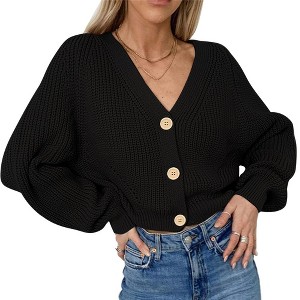 Coolmee Women's Rib Knit Cropped Cardigan Long Sleeve V-Neck Button Down Cardigan Sweater - 1 of 4
