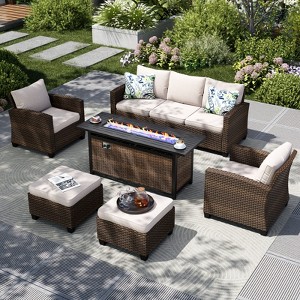 Captiva Designs 6pc Outdoor Patio Wicker Rattan Fire Pit Set with Cushioned Ottomans and Armchairs - 1 of 4