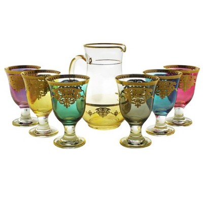 Classic Touch 7 Piece Drinkware Set with Gold Artwork, Assorted Colors