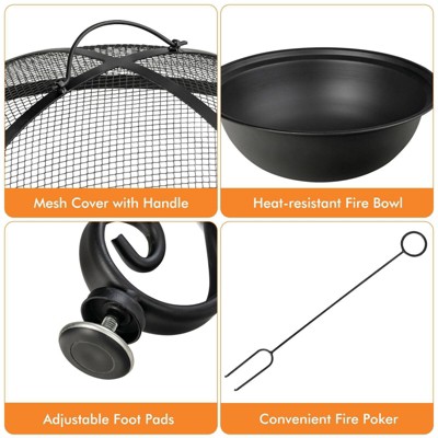 Black Steel Round Fire Pit Table with Cooking Grate