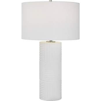 Uttermost Modern Table Lamp 27 1/2" Tall Satin White Ceramic Round Linen Drum Shade for Bedroom Living Room Nightstand Bedside
