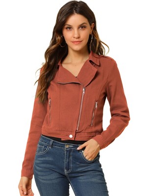Allegra K Women's Notched Collar Zip Closure Biker Motocycle Denim Jacket